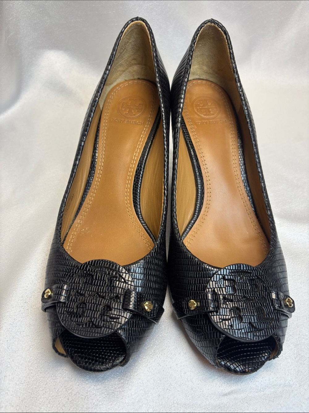 Tory Burch Black Croc Peep-Toe Wedges with Logo Medallion